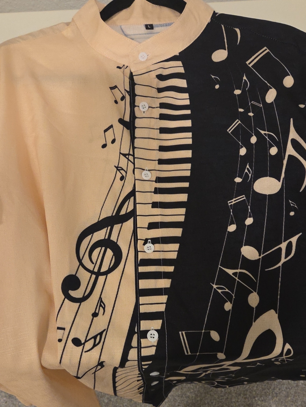 Button Up Shirt Black & Yellow Keyboard Musical Piano & Music Notes